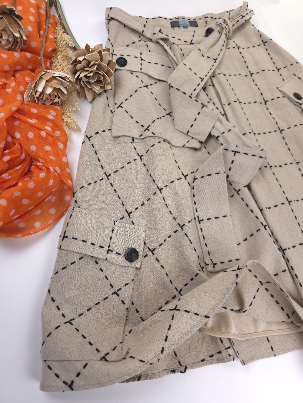 Anthropologie Eva Franco Windowpane Belted Pocket Detailed Wrapped Skirt - Sz 6 - Picture 2 of 16